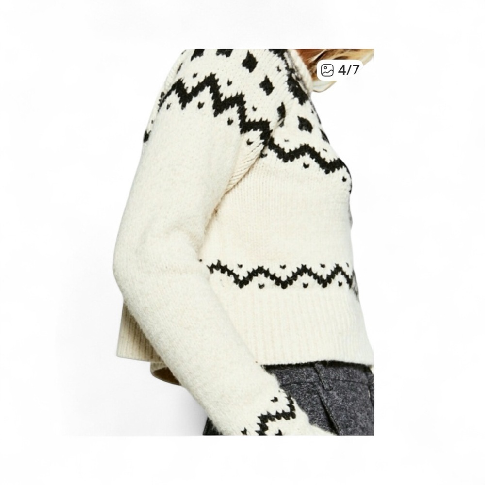 Zara Knit Black and Cream Jacquard Chunky Sweater Cropped - Picture 2 of 9